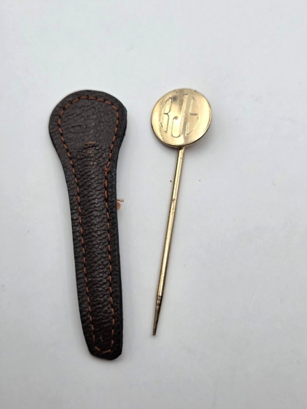 Gold-Plated Monogrammed Stick Pin With Brown Leather Sheath